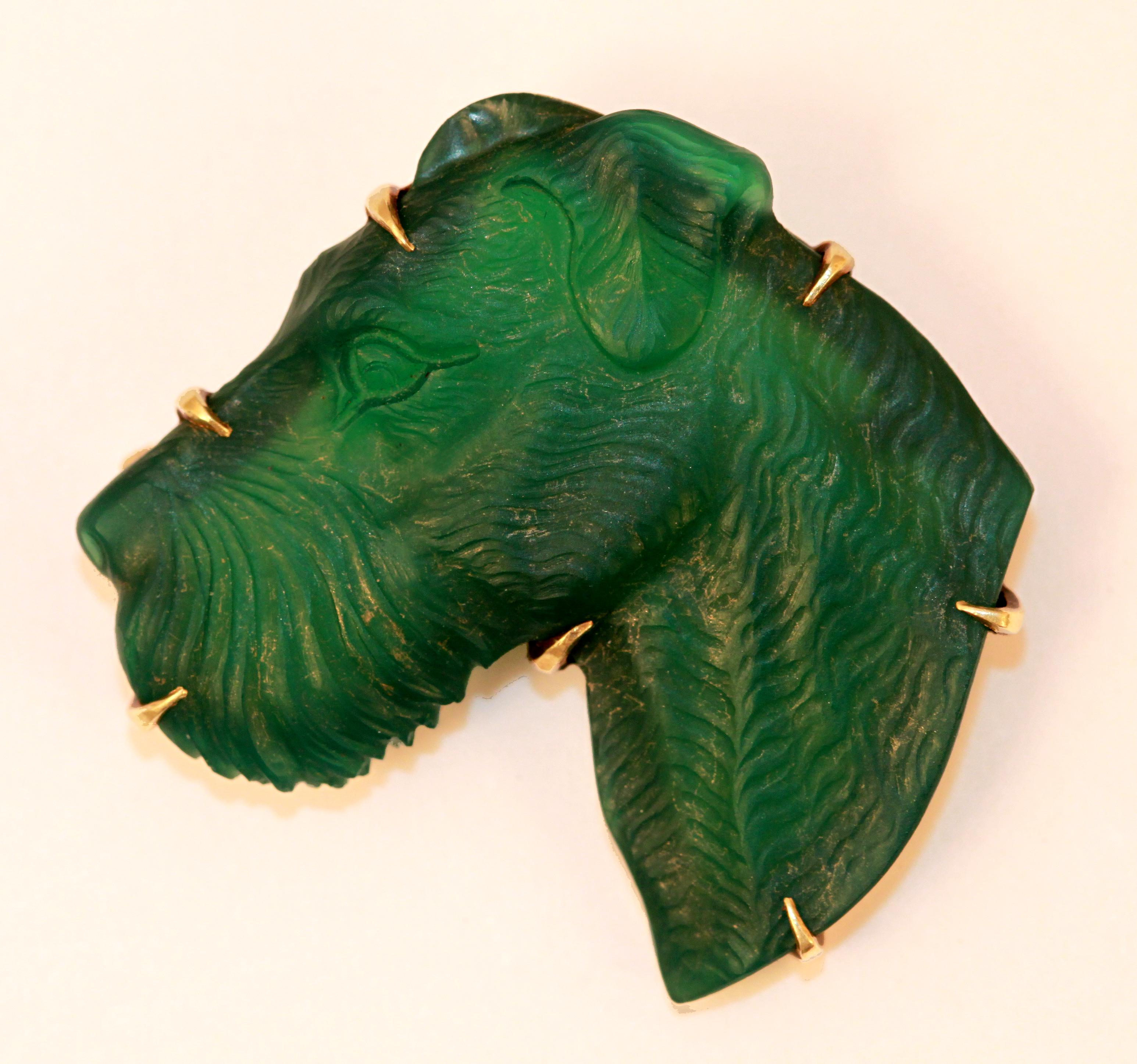 Click to see full size: Green Glass Brooch of a Sealyham Terrier- Green Glass Brooch of a Sealyham Terrier