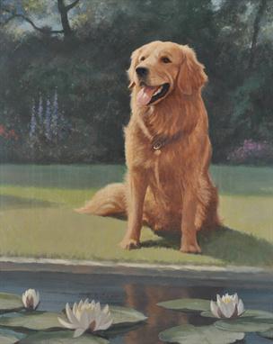 Click to see full size: An oil on canvas of a Golden Retriever by Roy Anthony Nockolds (English, 1911-1979)