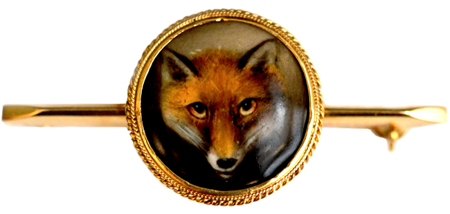 Click to see full size: Enamel gold set brooch of a fox mask by William Essex (1784-1869).