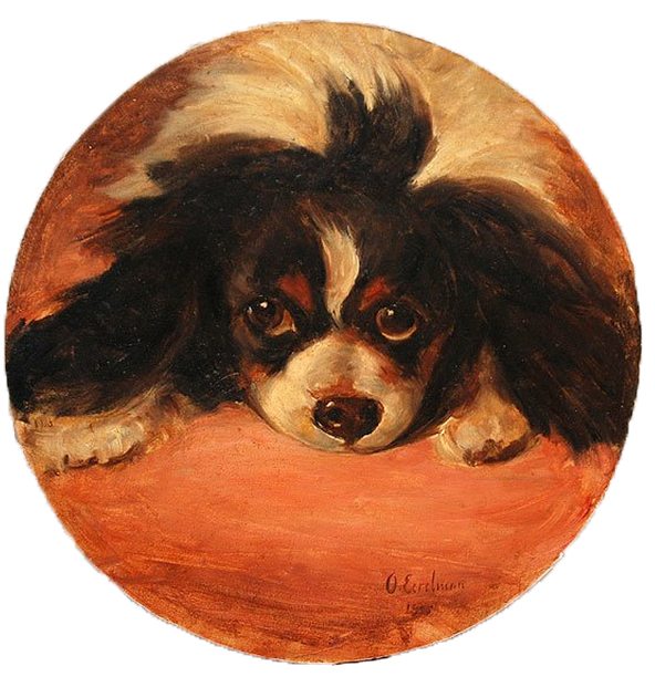 Click for larger image: Oil on card of a King Charles Cavalier Spaniel by Otto Eerelman (Dutch, 1839-1926)  Roundel Oil on card of a head study King Charles Cavalier Tricolour Spaniel in the recumbent position by Otto Eerelman (Dutch, 1839-1926) - Oil on card of a King Charles Cavalier Spaniel by Otto Eerelman (Dutch, 1839-1926)<br />
<br />
Roundel Oil on card of a head study King Charles Cavalier Tricolour Spaniel in the recumbent position by Otto Eerelman (Dutch, 1839-1926) <br />
<br />
Signed and dated 1905.<br />
<br />
Dutch, 1905 <br />
