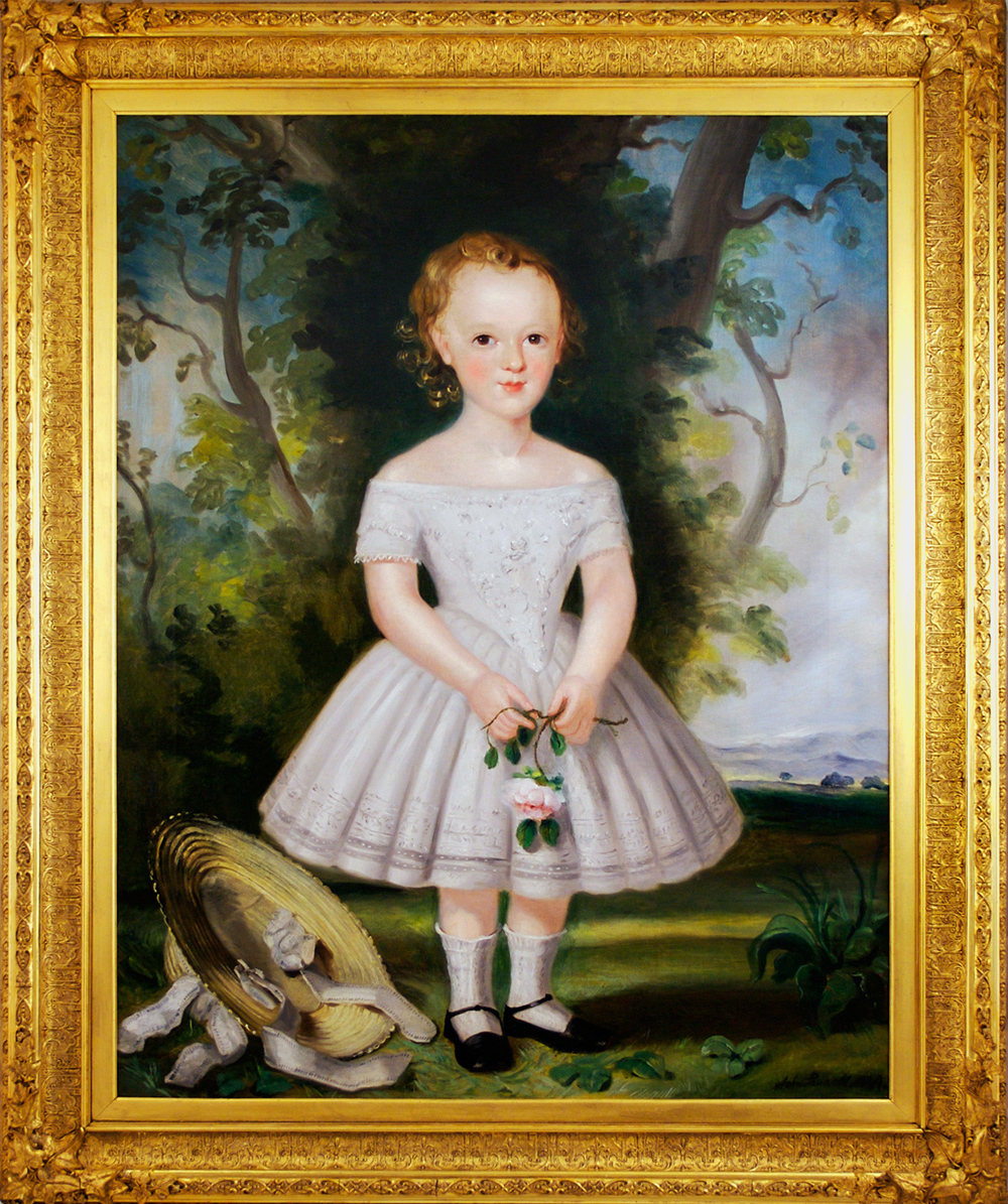 Click for larger image: 19th century oil on canvas of a girl / boy/ child with bonnet - 19th century oil on canvas of a girl / boy/ child with bonnet