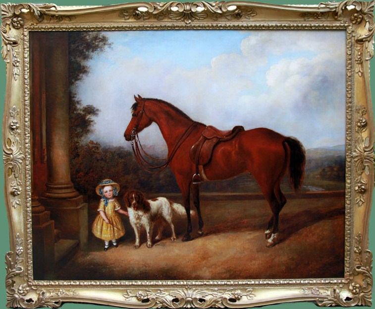 Click for larger image: Young girl with Spaniel and horse in terrace setting with river landscape beyond - Young girl with Spaniel and horse in terrace setting with river landscape beyond