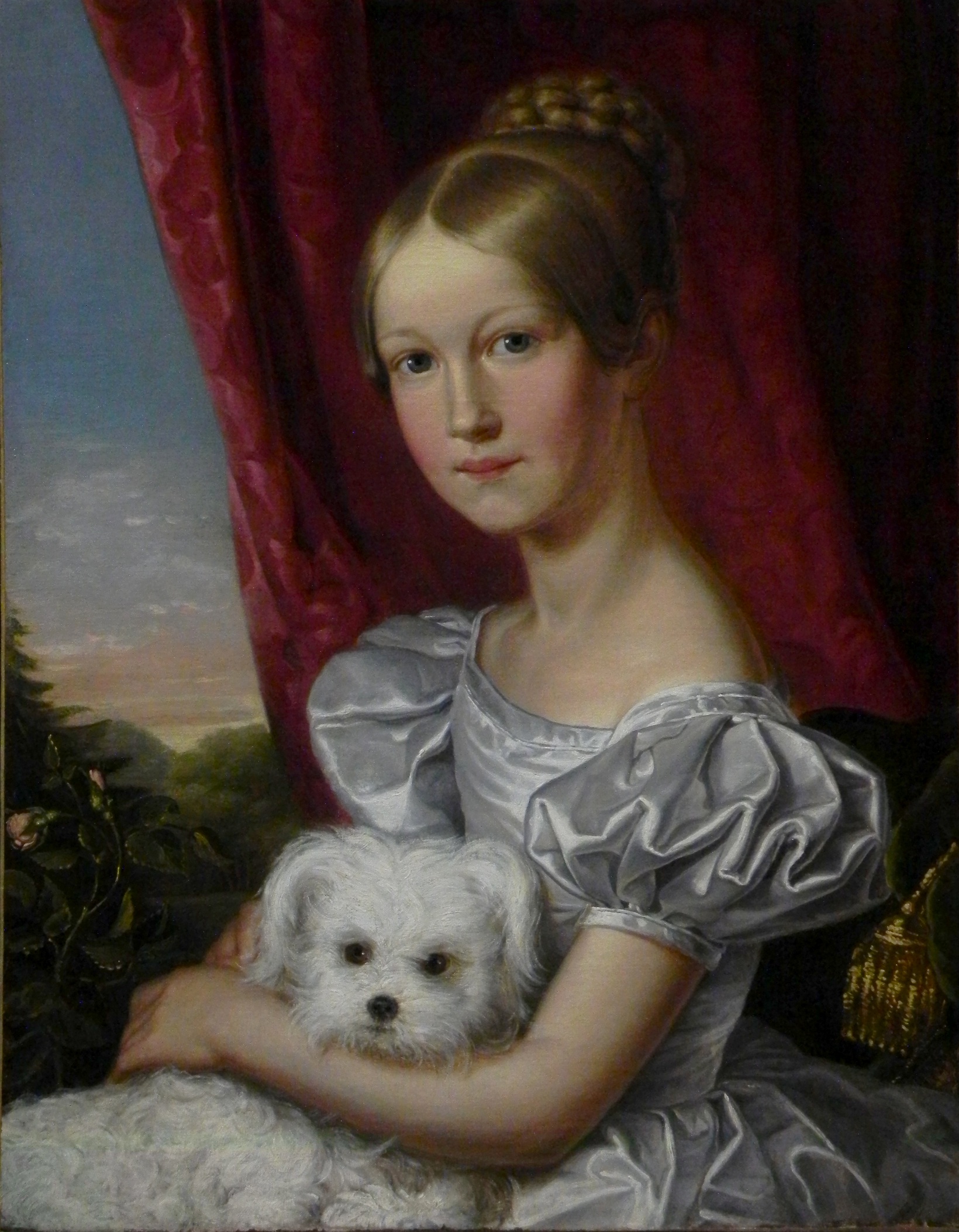 Click to see full size: Oil on canvas of lady with Maltese by Gaston Camillo Lenthe