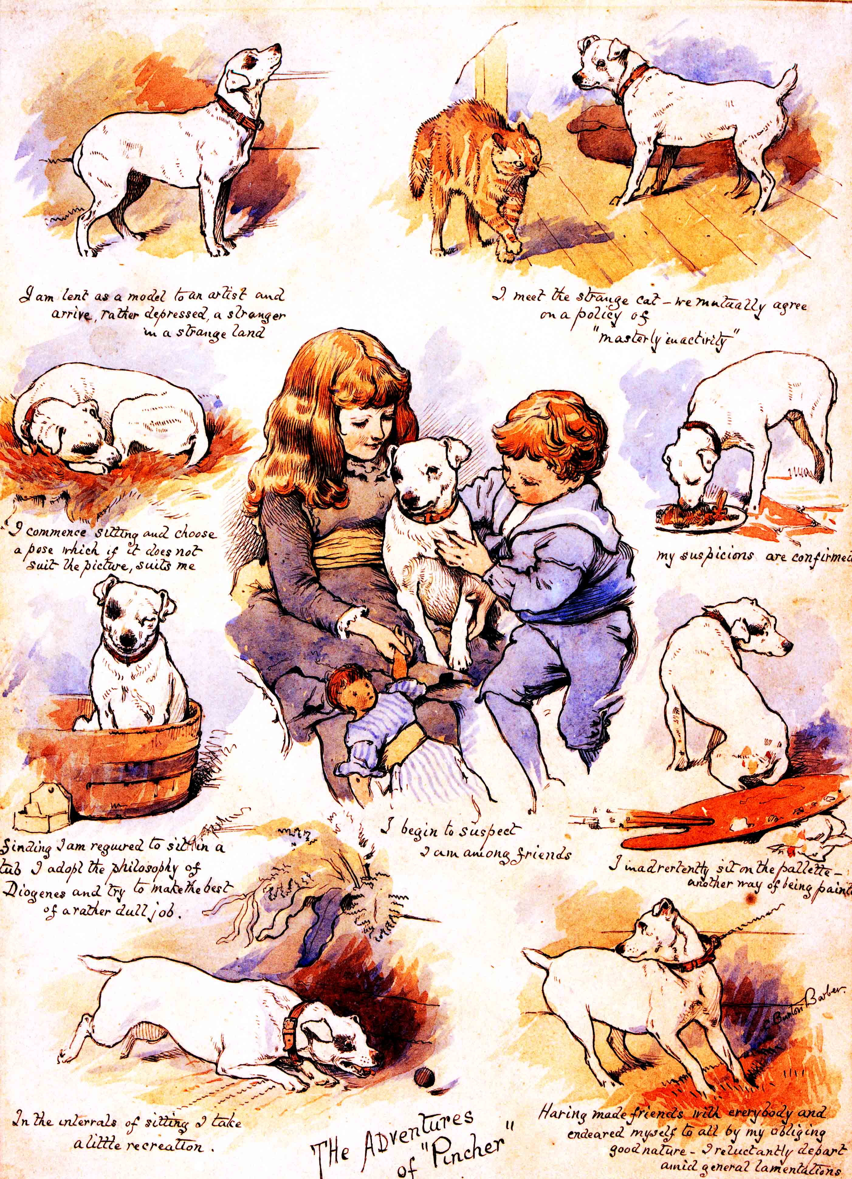 Click to see full size: ?Adventures of Pincher?-   Charles Burton Barber, ROI, English, (1845 ? 1894), the ?Adventures of Pincher? watercolour, pen and ink on paper, circa 1890.<br />
  <br />
  The ?Adventures of Pincher? was an illustrated children?s book inspired by the artist?s daily visits for more than 20 years, to the Queen Victoria?s homes ?s painting her dogs and grand children.<br />

