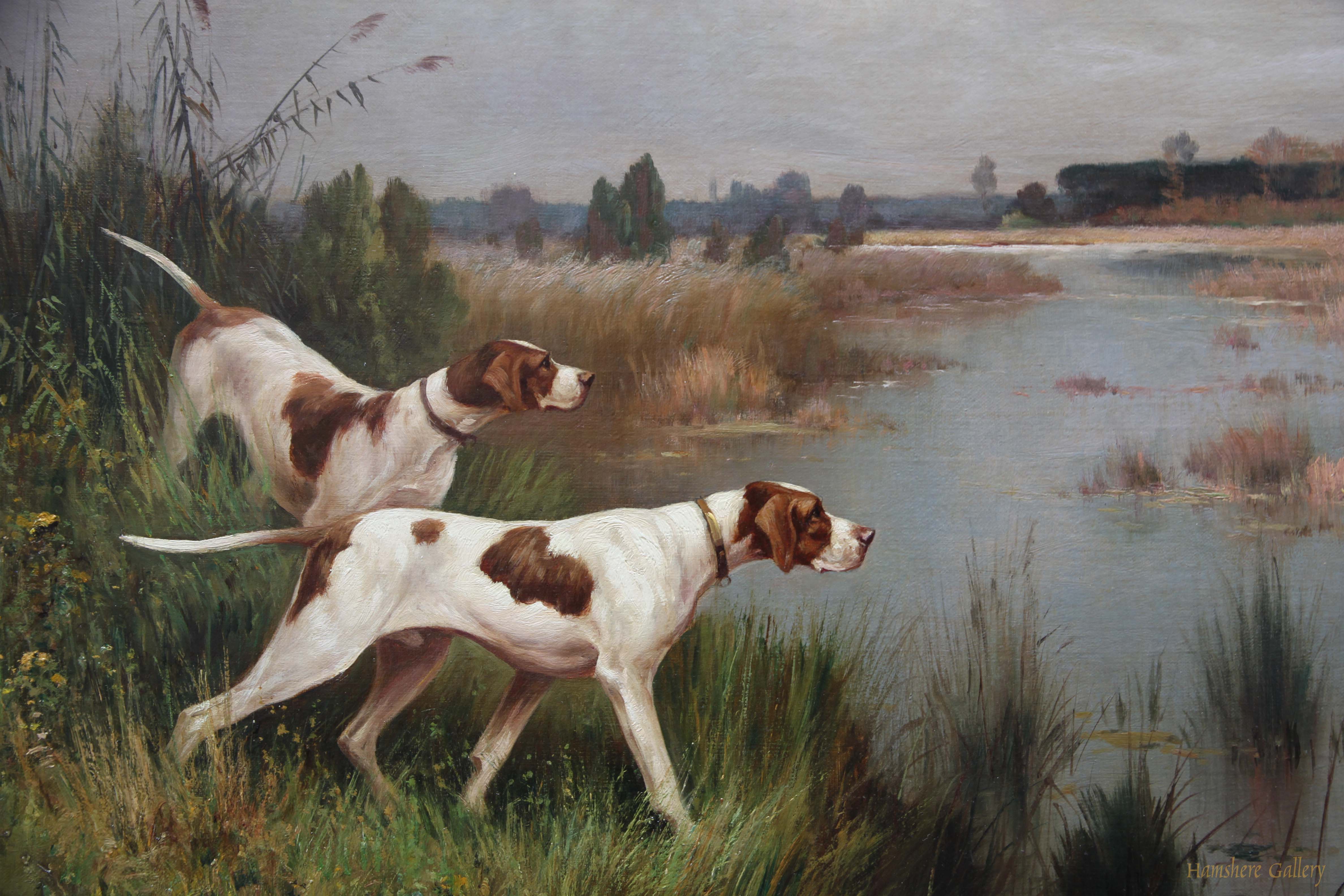 Click to see full size: Oil on canvas of pair of English Pointers by R Vallet