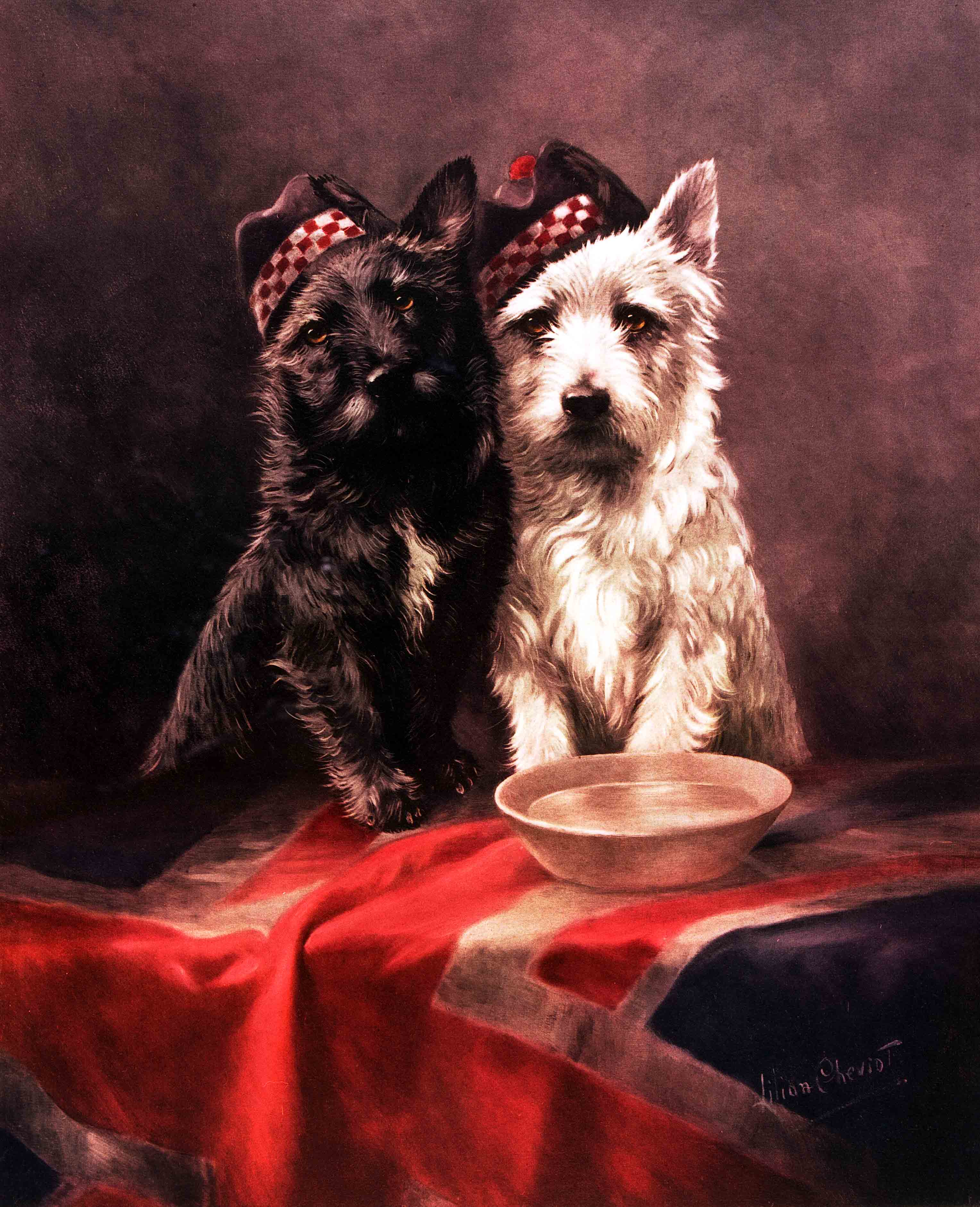 Click to see full size: -   Lilian Cheviot, English, ?Scottish Terriers?, coloured lithograph on paper.

Note:

This is one of several ?World War I? patriotic works by the artist  
