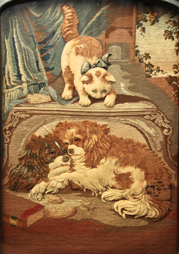 Click for larger image:    19th century ebonised gilt fire-screen with large textile / needlepoint / stumpwork of two King Charles Cavalier Spaniels before an inquisitive cat, after HenriÃ«tte Ronner-Knip (Dutch, 1812 -1909). - <br />
 <br />
19th century ebonised gilt fire-screen with large textile / needlepoint / stumpwork of two King Charles Cavalier Spaniels before an inquisitive cat, after HenriÃ«tte Ronner-Knip (Dutch, 1812 -1909).