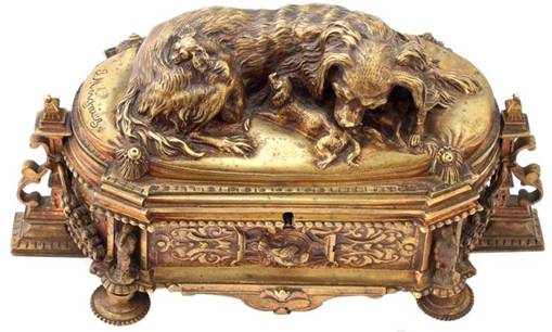 Click for larger image: Exceptional King Charles Cavalier Spaniel bronze box by Jules Moigniez (French, 1835-1894) - 