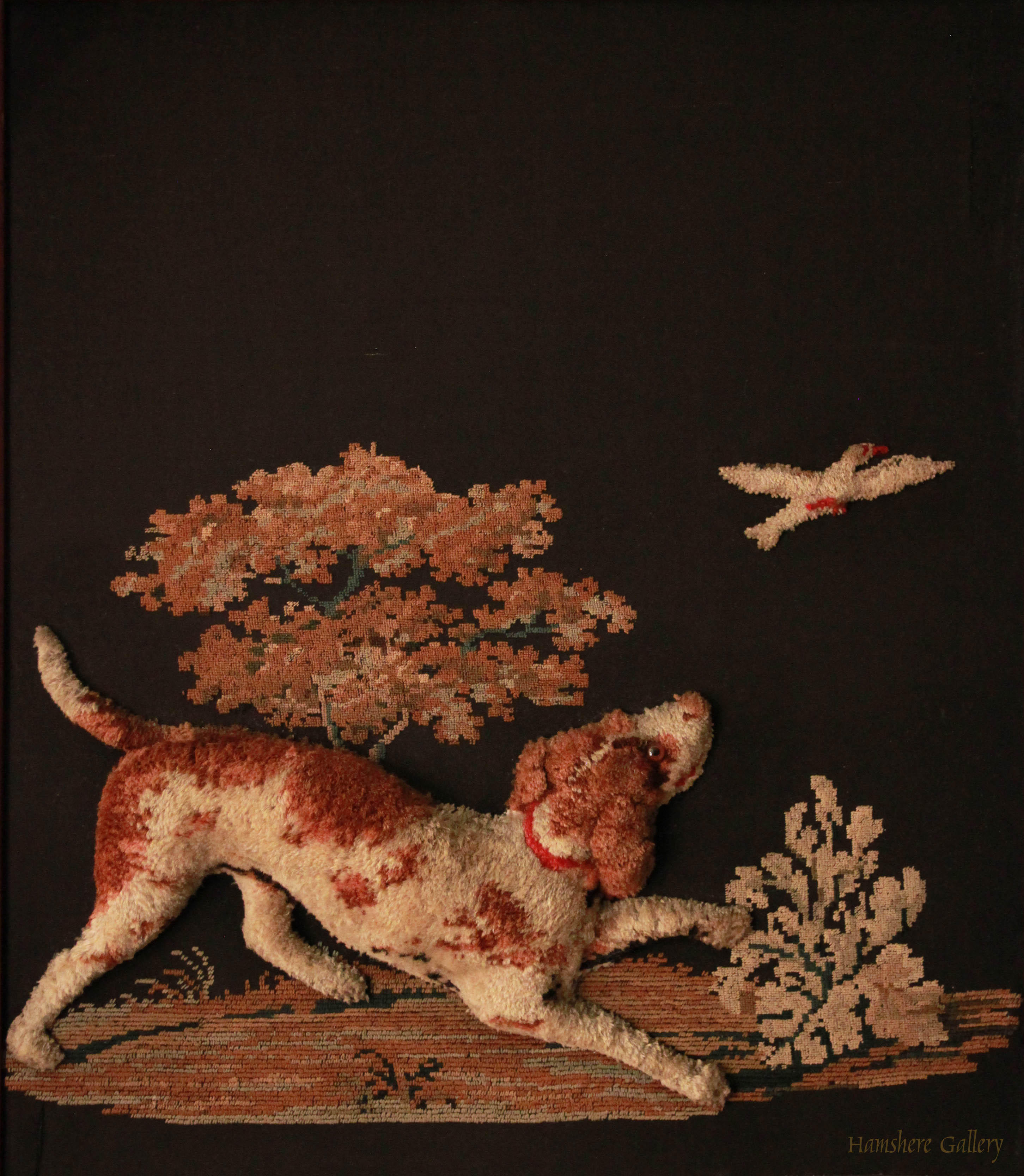 Click to see full size: French mahogany stumpwork / plushwork /needle point French Setter/ Spaniel firescreen