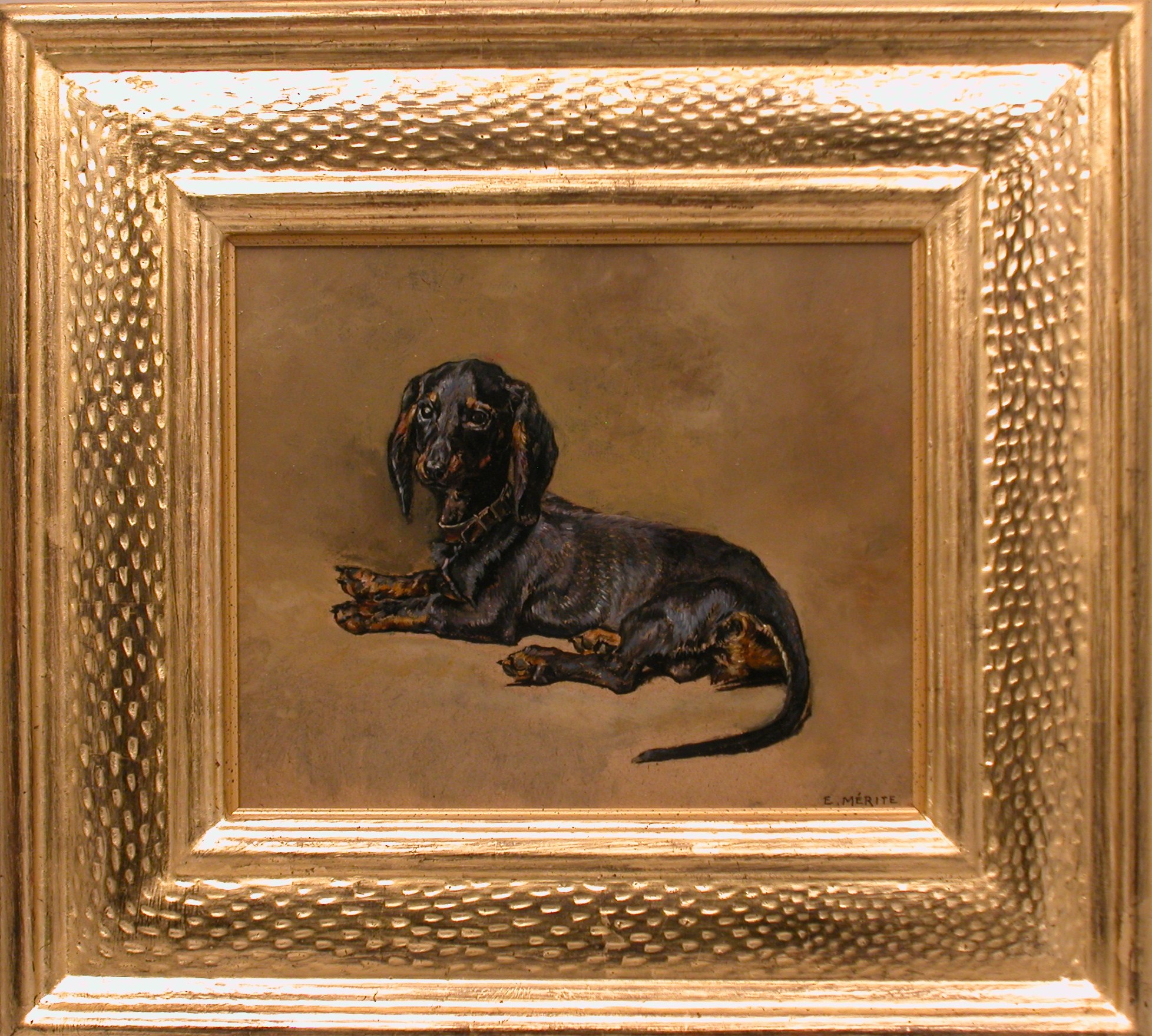 Click for larger image: Oil on canvas of a Dachshund by Edouard Paul Merite - Oil on canvas of a Dachshund by Edouard Paul Merite