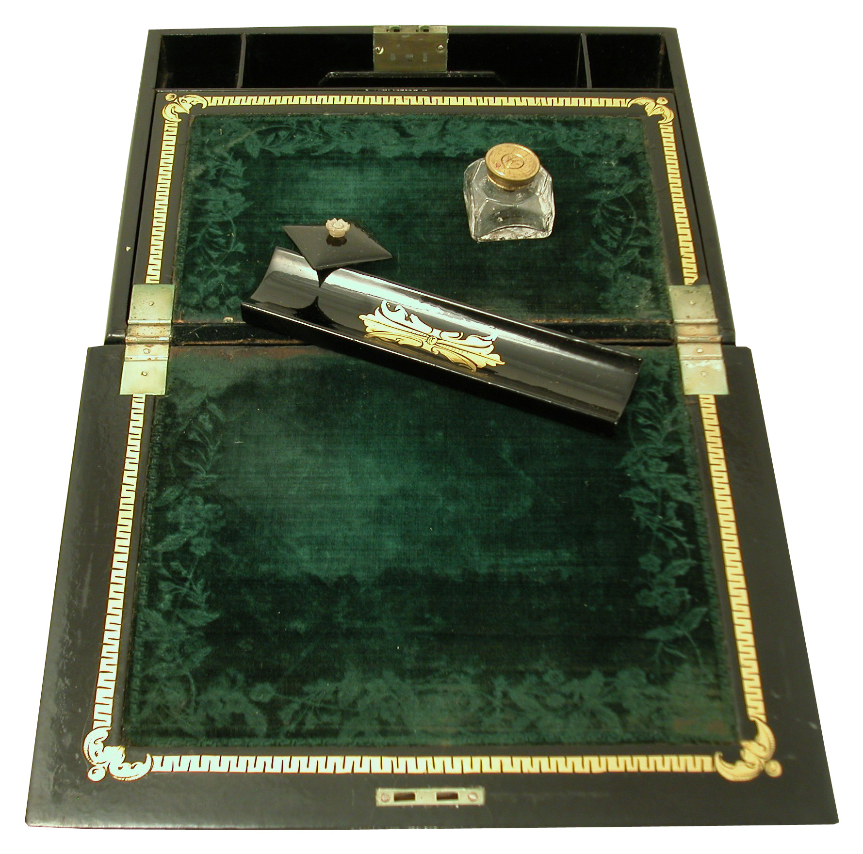 Click for larger image: A Japanned Papier Mâché Scottish Deerhound writing box - A Japanned Papier Mâché Scottish Deerhound writing box