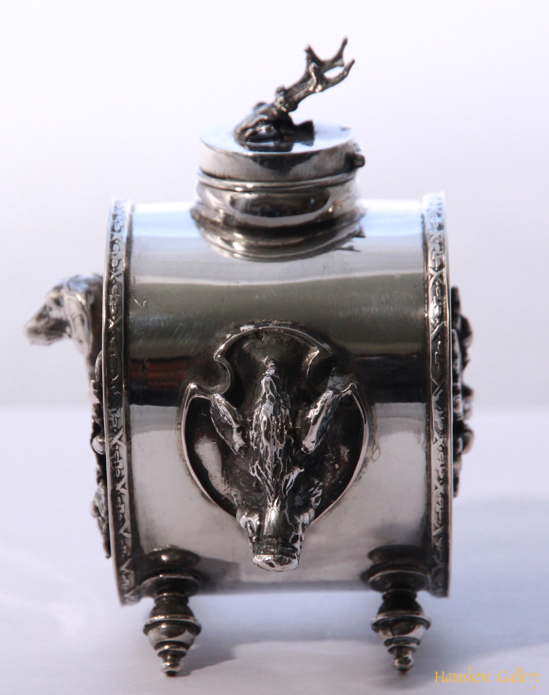 Click for larger image: Russian silver hunting inkwell  - Russian silver hunting inkwell 