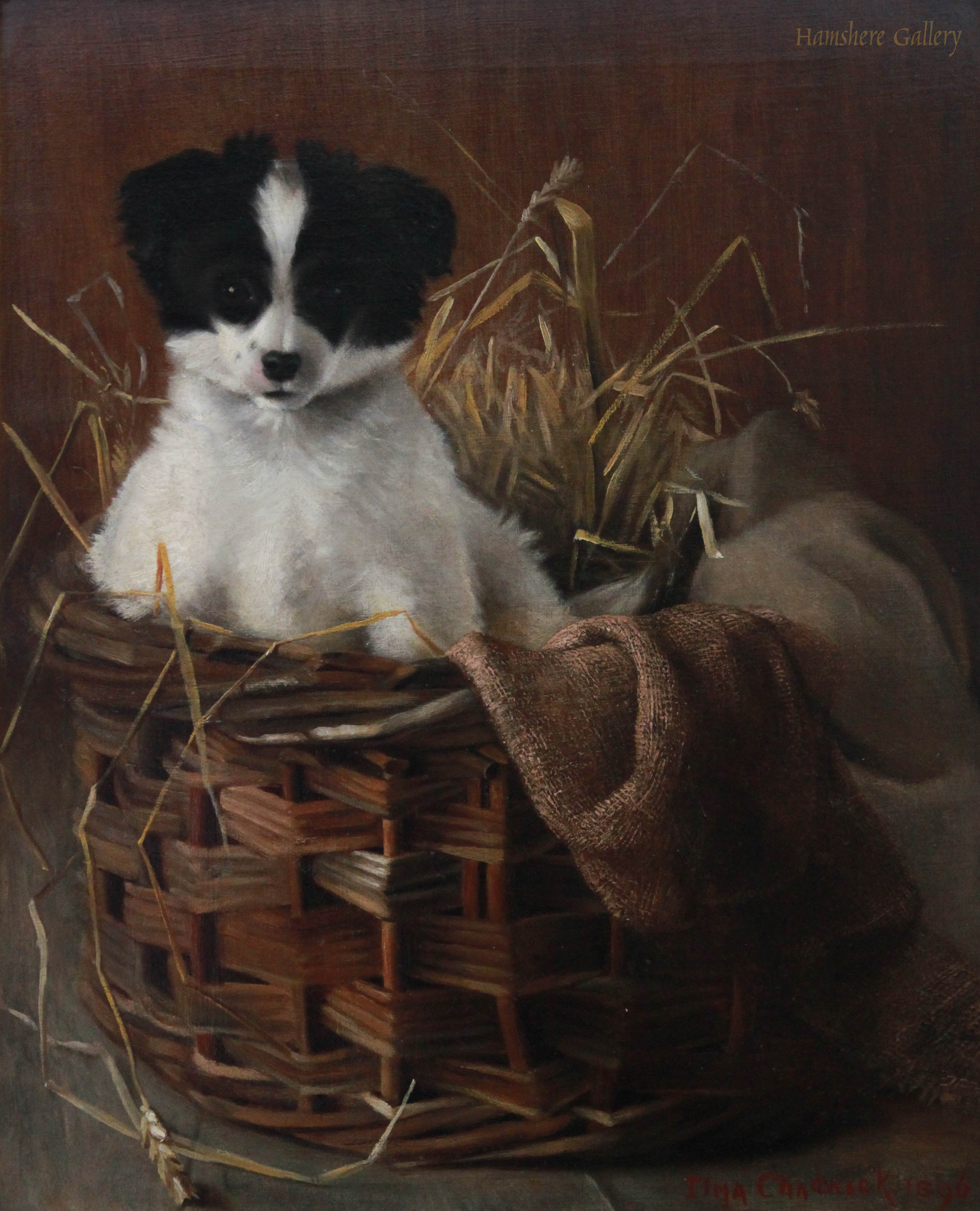 Click for larger image: An oil of a Jack Russell in basket Emma - An oil of a Jack Russell in basket Emma