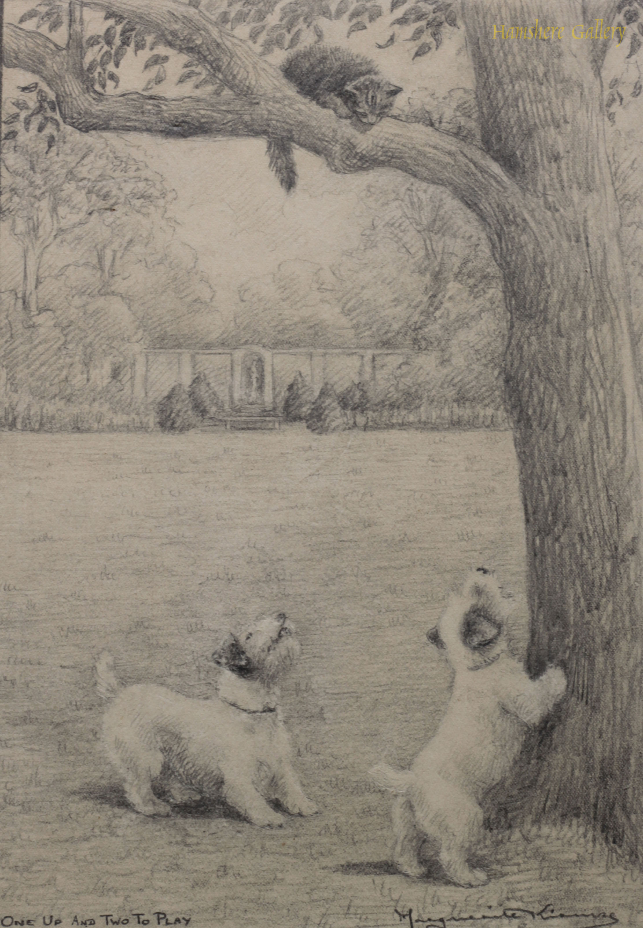 Click to see full size: Sealyham  pencil drawing Two Up and One to Play by Marguerite Kirmse