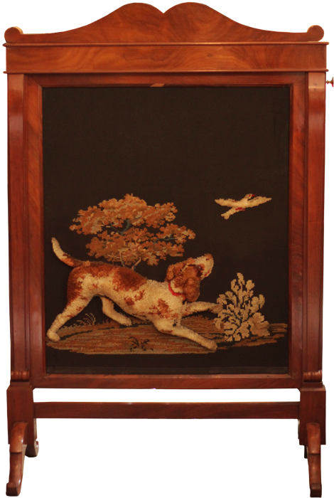 Click for larger image: A 19th century French mahogany stumpwork plushwork  needlepoint French Setter  Spaniel firescreen - A 19th century French mahogany stumpwork / plushwork / needlepoint French Setter / Spaniel firescreen