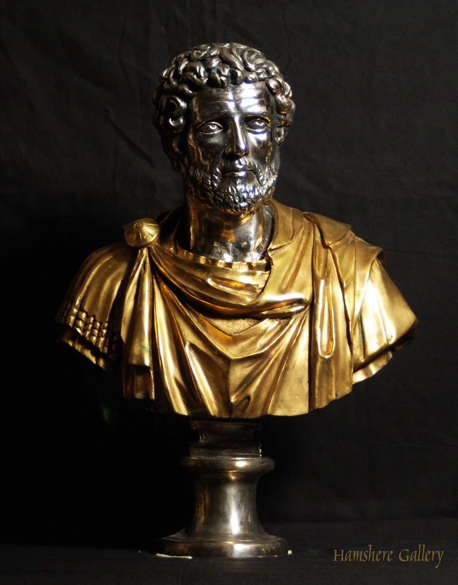 Click for larger image: Solid bronze Roman head studies busts with silver and gilt decoration Antonino Pio  - Solid bronze Roman head studies busts with silver and gilt decoration Antonino Pio 