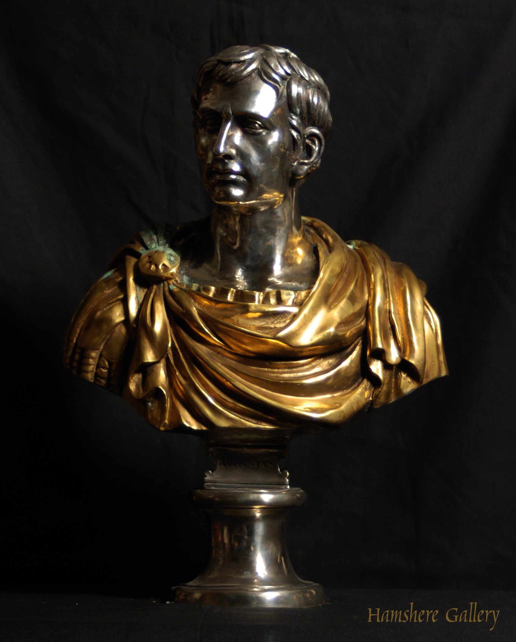 Click for larger image: Solid bronze Roman head studies busts with silver and gilt decoration Augusto - Solid bronze Roman head studies busts with silver and gilt decoration Augusto