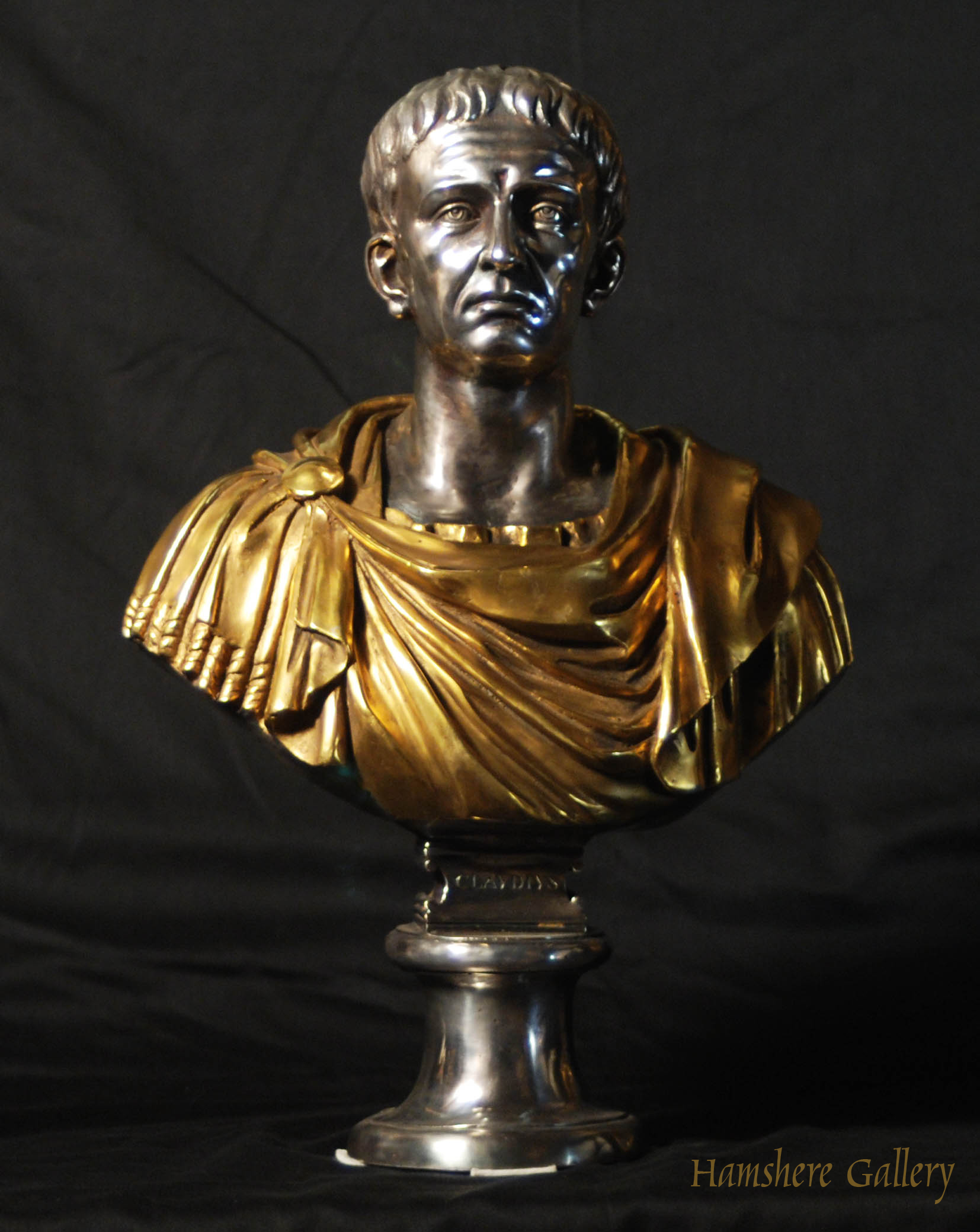 Click for larger image: Solid bronze Roman head studies busts with silver and gilt decoration Claudio - Solid bronze Roman head studies busts with silver and gilt decoration Claudio