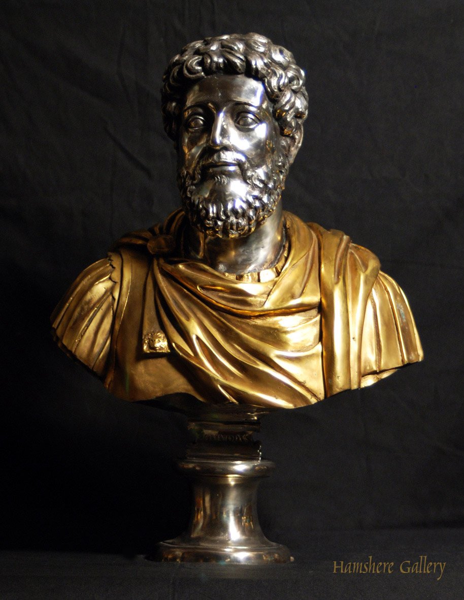 Click for larger image: Solid bronze Roman head studies busts with silver and gilt decoration Commodo - Solid bronze Roman head studies busts with silver and gilt decoration Commodo