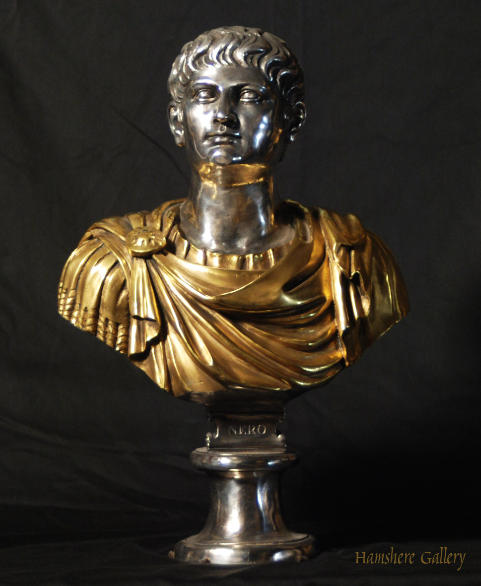 Click for larger image: Solid bronze Roman head studies busts with silver and gilt decoration Nerone - Solid bronze Roman head studies busts with silver and gilt decoration Nerone