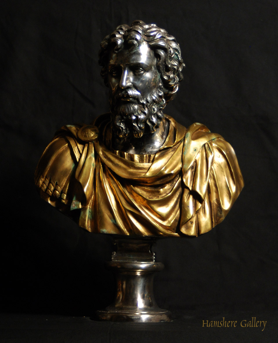 Click for larger image: Solid bronze Roman head studies busts with silver and gilt decoration Settimio Severo - Solid bronze Roman head studies busts with silver and gilt decoration Settimio Severo