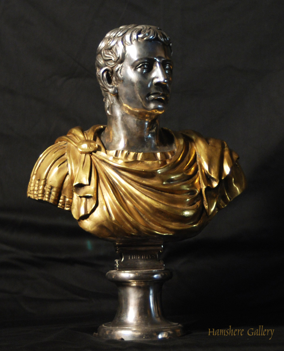 Click for larger image: Solid bronze Roman head studies busts with silver and gilt decoration Tiberio 1 - Solid bronze Roman head studies busts with silver and gilt decoration Tiberio 1