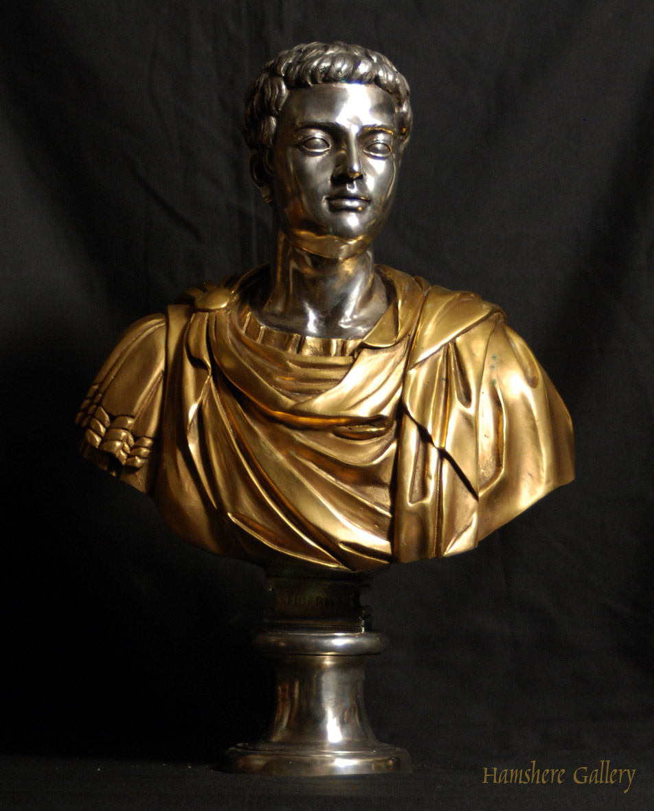 Click for larger image: Solid bronze Roman head studies busts with silver and gilt decoration Tiberio 2 - Solid bronze Roman head studies busts with silver and gilt decoration Tiberio 2