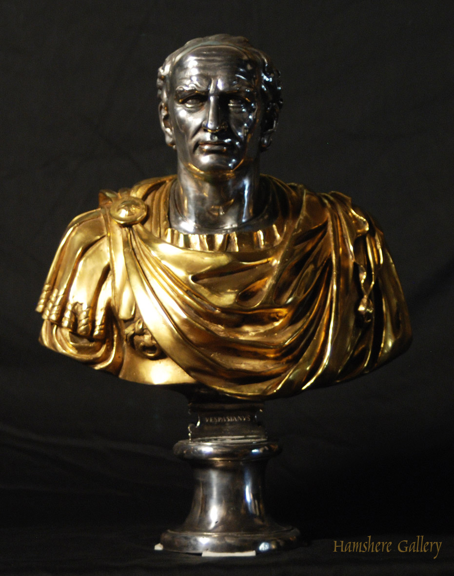 Click for larger image: Solid bronze Roman head studies busts with silver and gilt decoration Vespasiano - Solid bronze Roman head studies busts with silver and gilt decoration Vespasiano