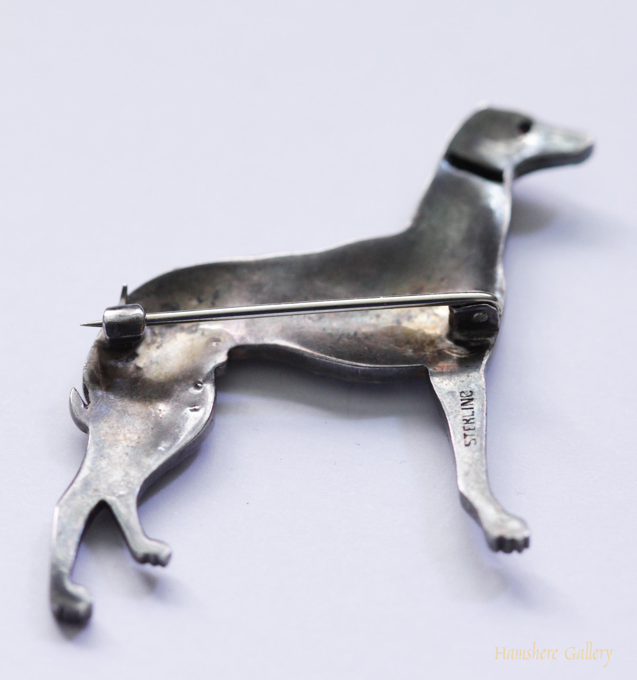 Click for larger image: Edwardian silver set paste Greyhound - Edwardian silver set paste Greyhound