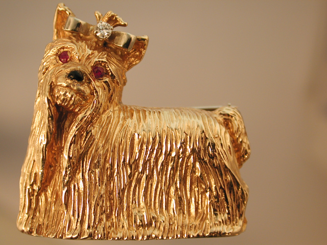 Click to see full size: Gold Yorkshire Terrier brooch
