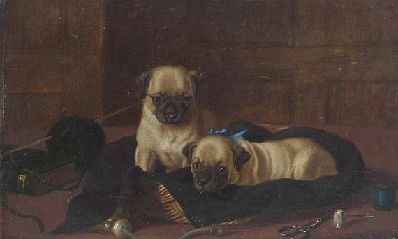Click to see full size: Oil on panel of Pug puppies by Horatio Henry Couldery