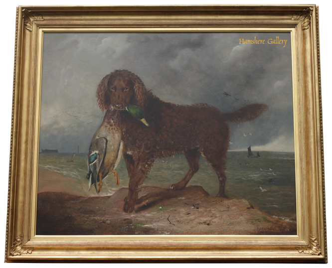 Click for larger image: Irish Water Spaniel oil on canvas by provincial school artist Benjamin Brassett Wadham - Irish Water Spaniel oil on canvas by provincial school artist Benjamin Brassett Wadham
