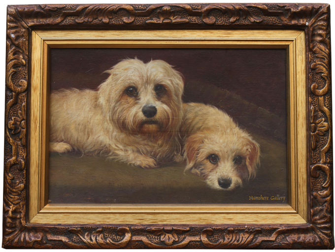 Click for larger image: A 19th century oil of a Dandie Dimont Terriers - A 19th century oil of a Dandie Dimont Terriers