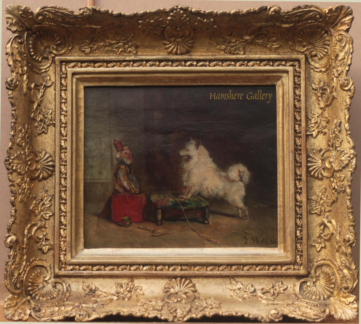 Click for larger image: Oil of a Spitz amused by a jack-in-the-box by James Alexander Walker - Oil of a Spitz amused by a jack-in-the-box by James Alexander Walker