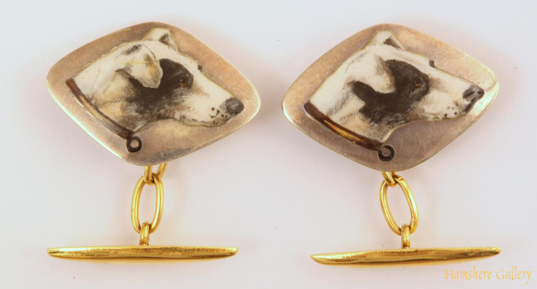Click to see full size: Jack Russell / Smooth-haired Fox Terrier enamel / platinum cufflinks  SOLD