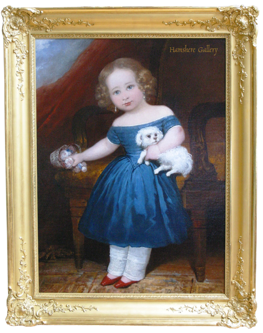 Click for larger image: An oil of a child dressed in blue with her beloved Maltese - An oil of a child dressed in blue with her beloved Maltese