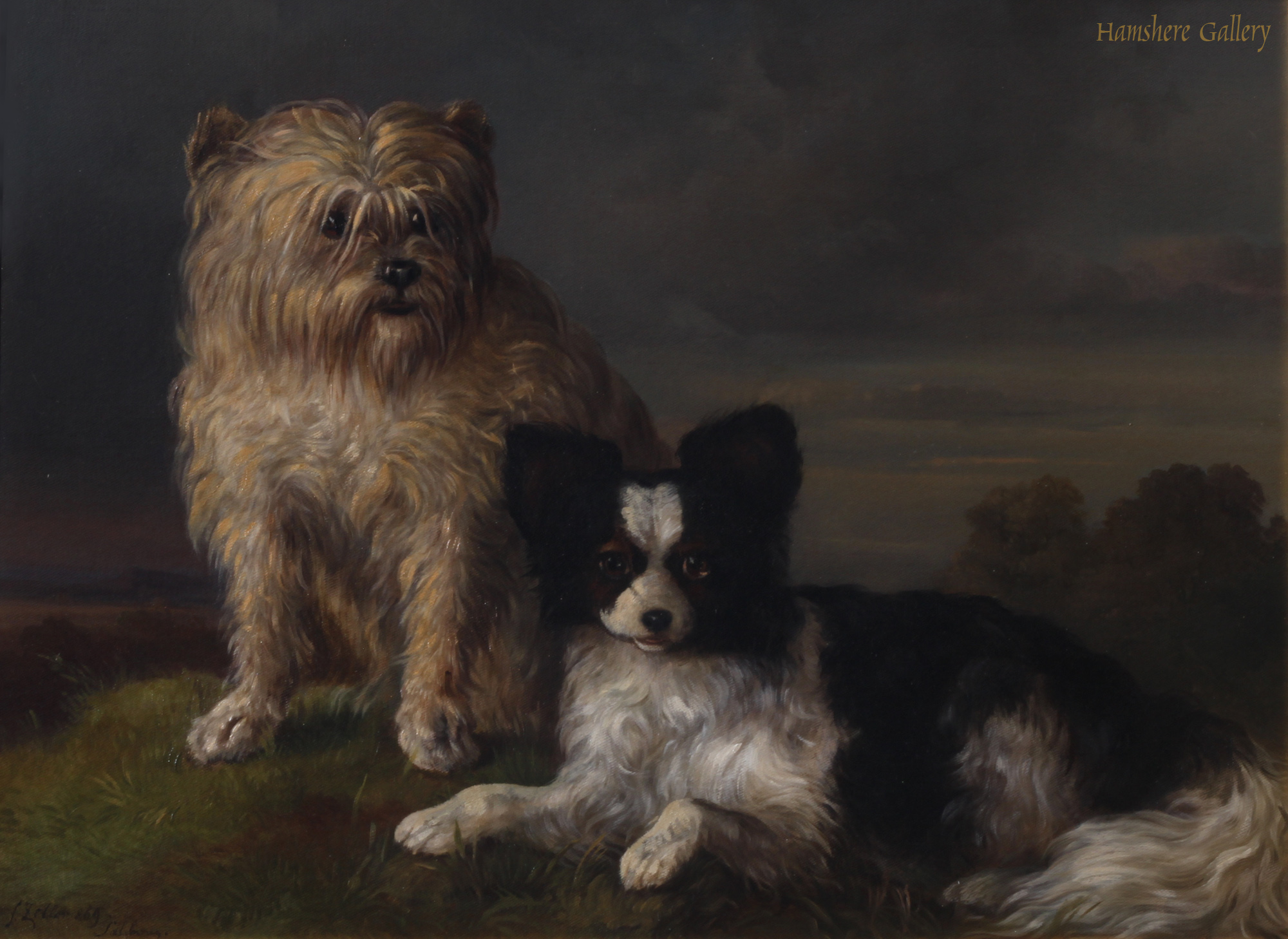 Click to see full size: Oil on canvas of Maltese and Papillion / Phalene by Friedrich (Fritz) Zeller