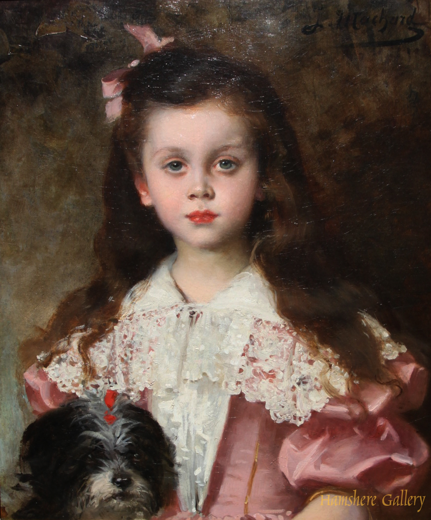 Click to see full size: An oil on canvas of girl and Terrier by Jules-Louis Machard 