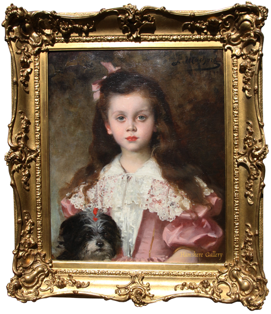Click for larger image: An oil on canvas of girl and Terrier by Jules-Louis Machard  - An oil on canvas of girl and Terrier by Jules-Louis Machard 