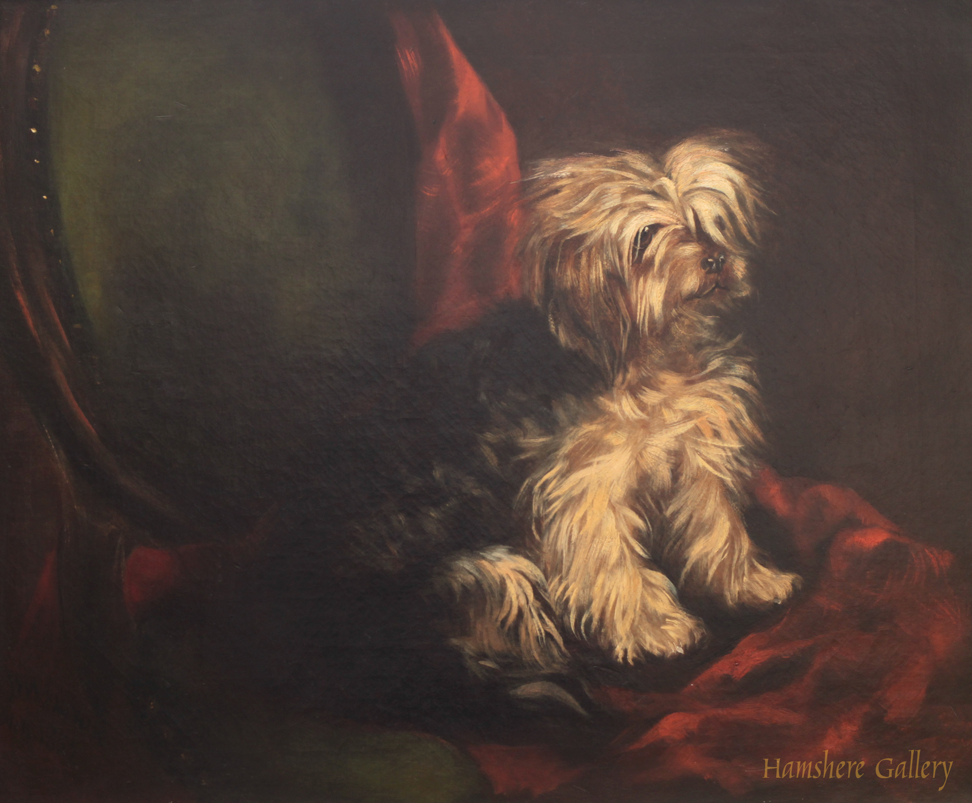 Click to see full size: Oil on canvas of a Terrier on chair by William Wreford Major