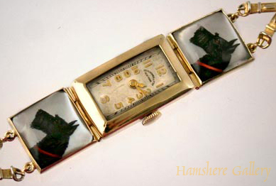 Click to see full size: Reverse intaglio crystal Abercrombie & Fitch Scottish Terrier gold watch