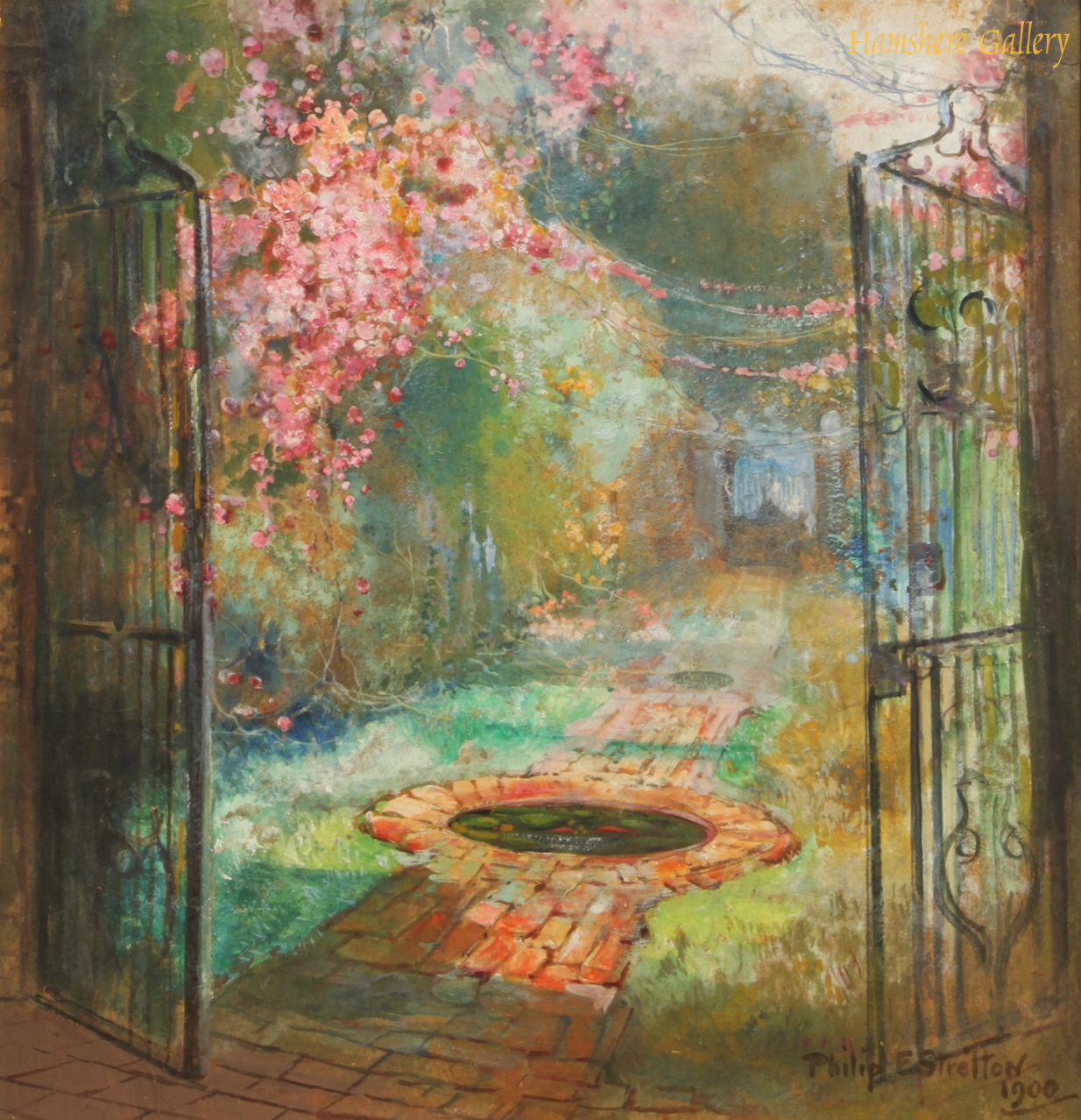 Click to see full size: An oil of walled garden and pool scene by Philip Eustace Stretton