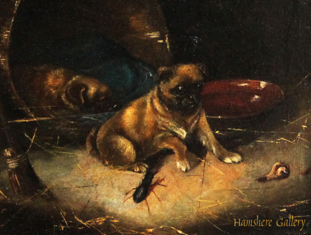 Click to see full size: A miniature oil on panel of Pugs by Horatio Henry Couldery