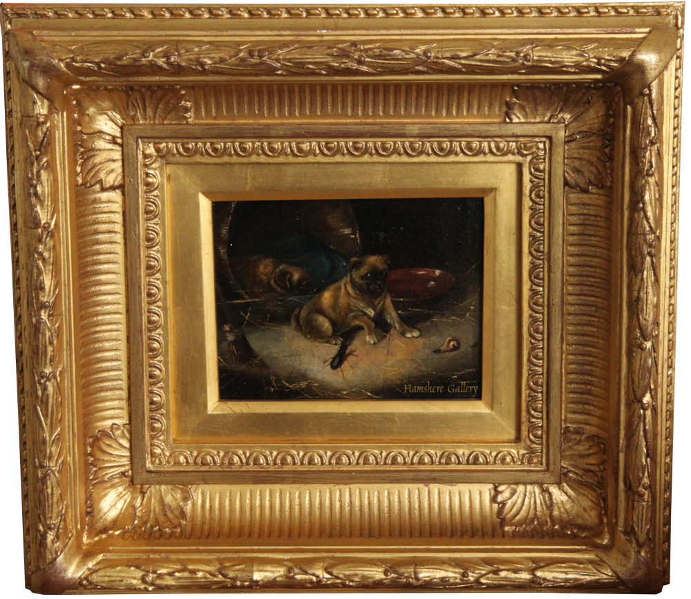 Click for larger image: A miniature oil on panel of Pugs by Horatio Henry Couldery - A miniature oil on panel of Pugs by Horatio Henry Couldery