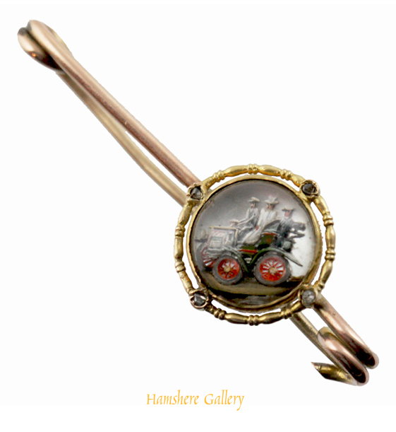 Click for larger image: An Edwardian motoring / Panhard car reverse intaglio crystal gold and diamond set brooch - An Edwardian motoring / Panhard car reverse intaglio crystal gold and diamond set brooch