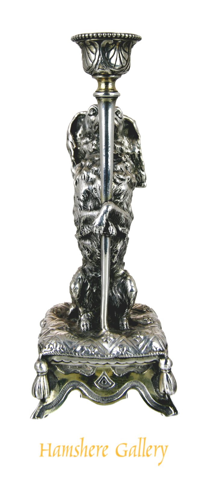 Click for larger image: A rare mid 19th century silver plated King Charles Cavalier Spaniel taperstick / candlestick by Elkington & Co, after John Bell (English, 1811-1895) - A rare mid 19th century silver plated King Charles Cavalier Spaniel taperstick / candlestick by Elkington & Co, after John Bell (English, 1811-1895)