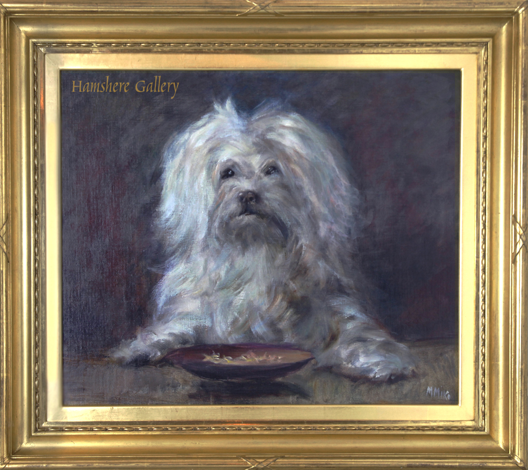 Click for larger image: An oil on canvas of a Maltese / Bichon type by M. Miko - An oil on canvas of a Maltese / Bichon type by M. Miko