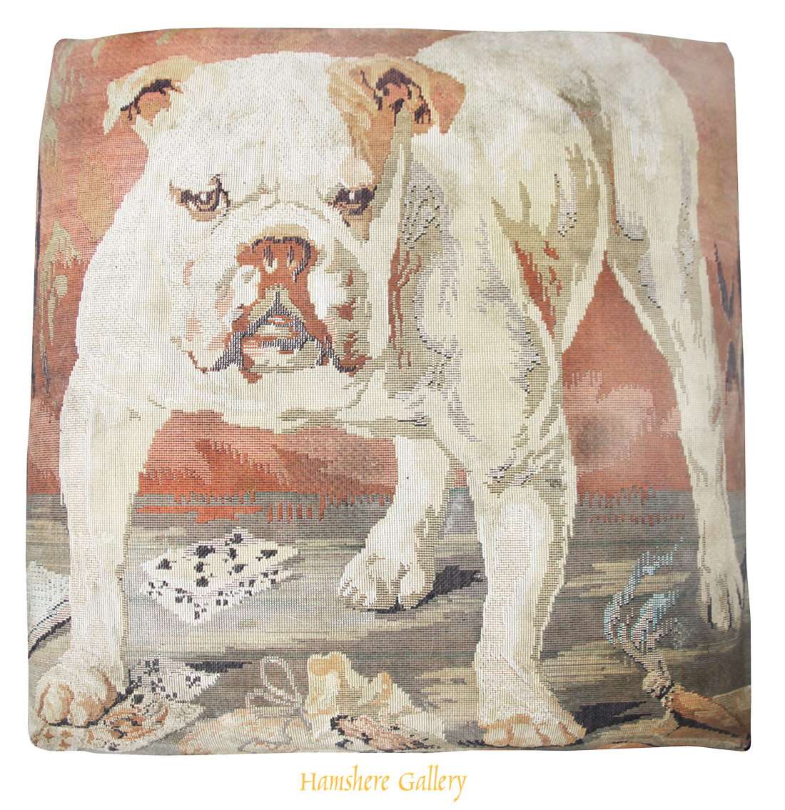 Click to see full size: footstall with needlework / needlepoint / textile of an english bulldog