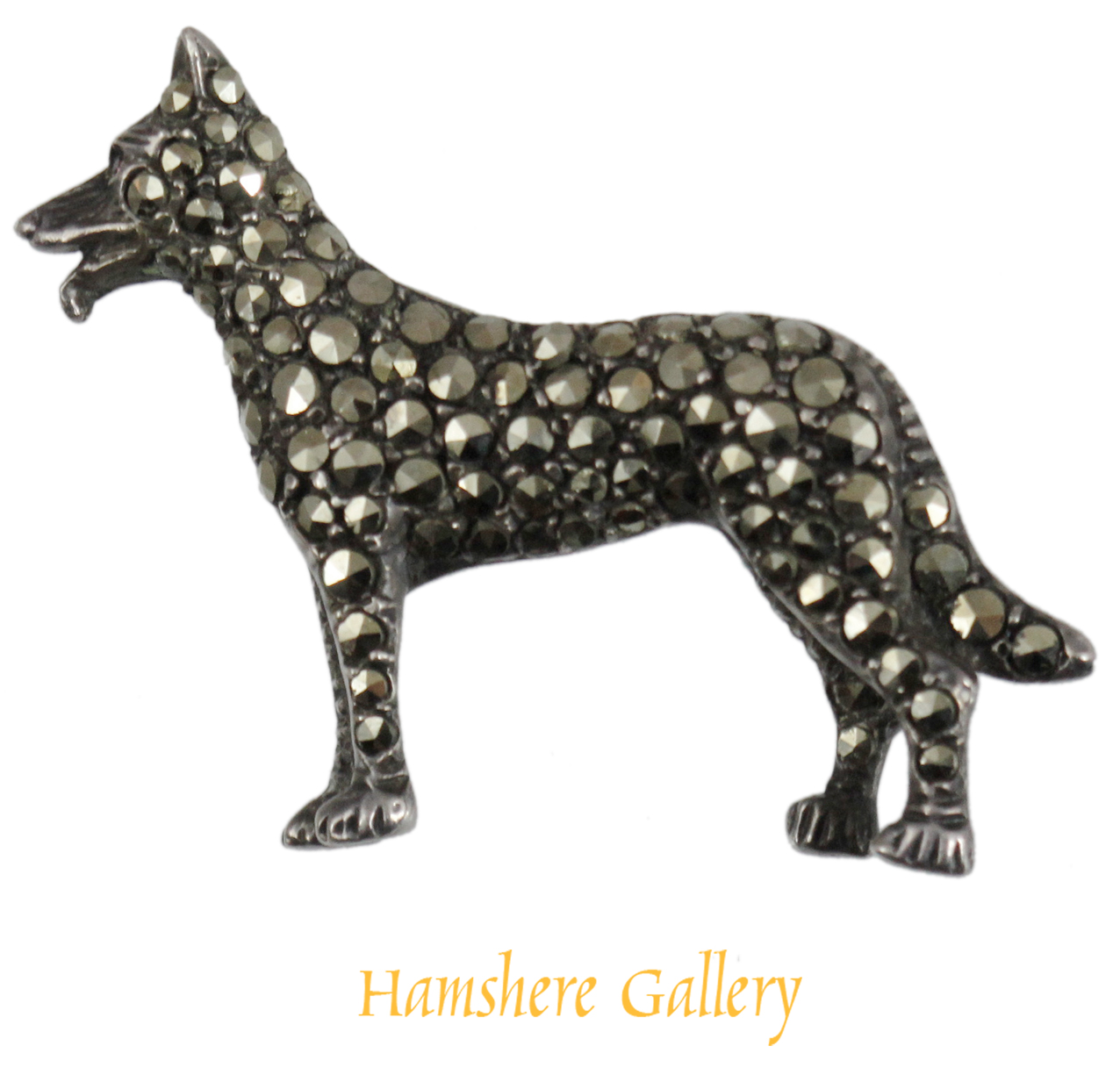 Click for larger image: Early 20th century silver set marcasite brooch of German Shepherd. - Early 20th century silver set marcasite brooch of German Shepherd.