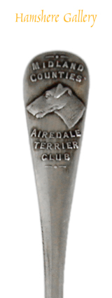 Click for larger image: Pair of 'Midland Counties 'Airedale Terrier Club' silver teaspoons - Pair of \'Midland Counties \'Airedale Terrier Club\' silver teaspoons